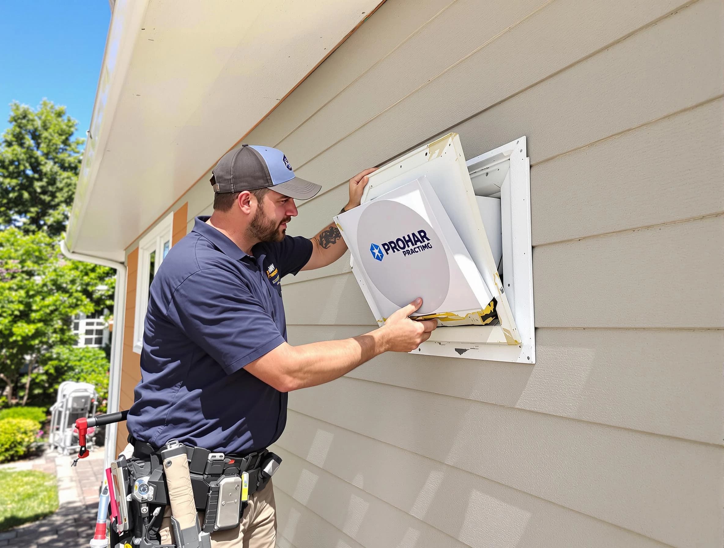 Grayson Dryer Vent Cleaning technician installing a new protective dryer vent cover on a home in Grayson